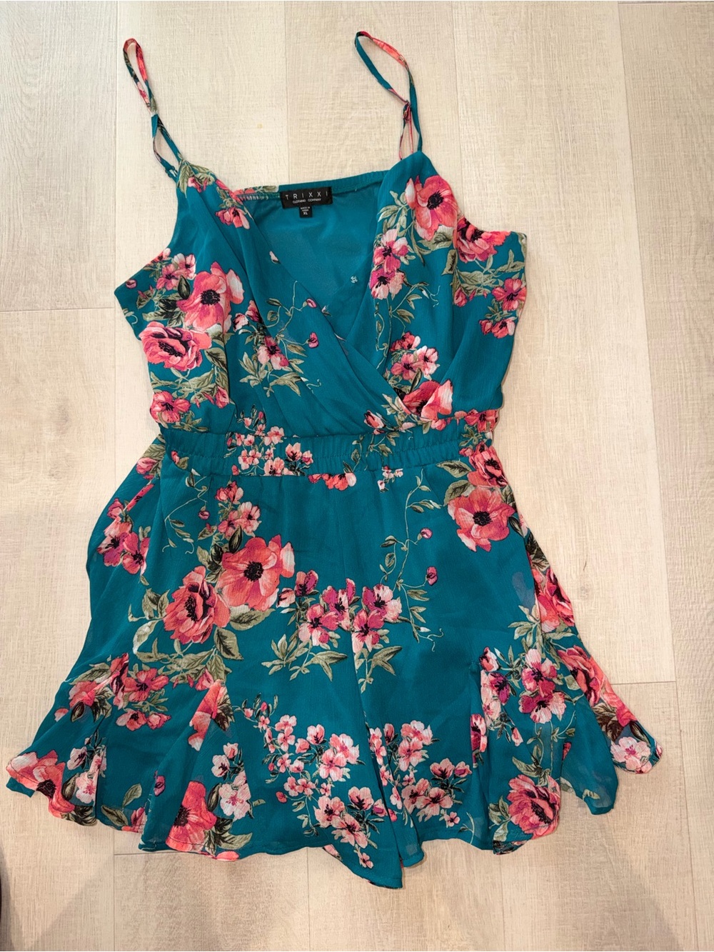 TRIXXI Teal Floral Wrap Romper with Pink Accents